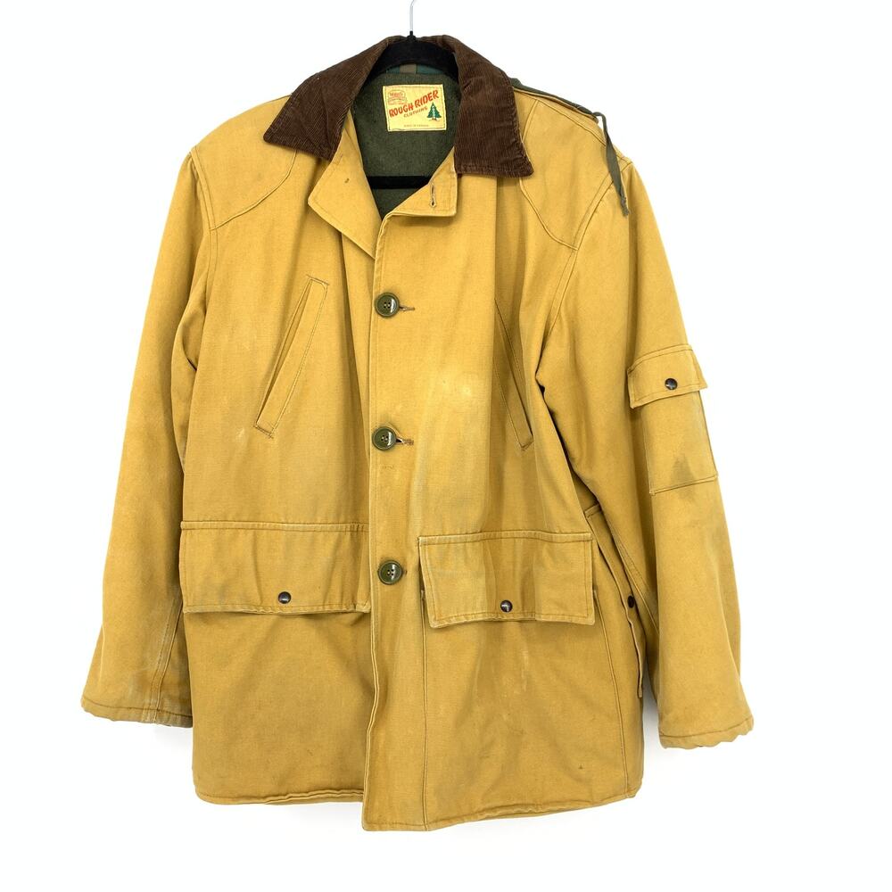 VTG Woods Rough Rider Clothing Hunting Chore Coat Mens Sz L Tan Wool Lined *FLAW